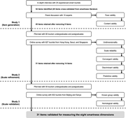 A three-study flowchart tracks item generation, scale refinement, and scale validation for 31 smartness-dimension items.