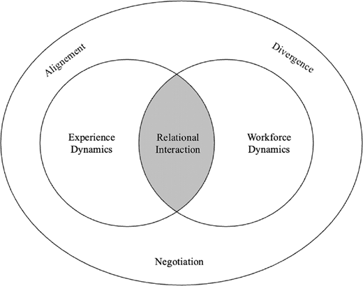 A Venn diagram illustrating the concepts of Alignment, Experience Dynamics, Relational Interaction, Negotiation, Workforce Dynamics, and Divergence.