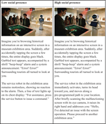 A two-column comparison describes how a museum service robot responds to a display error under low and high social presence.