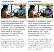 A two-column comparison describes a restaurant service robot’s response to a guest mispronouncing paella under low and high social presence.