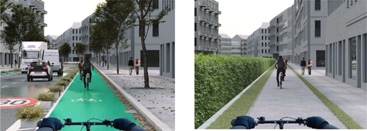 Two contrasting urban bicycle paths, one lined with vehicles and trees, the other bordered by tall hedges, showcasing different designs in a cityscape.