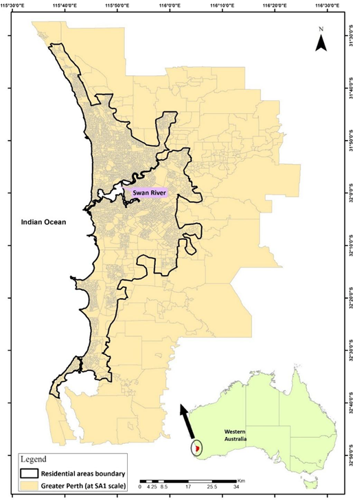A map of Greater Perth, Western Australia, showing the Swan River and residential boundaries with a key for navigation.