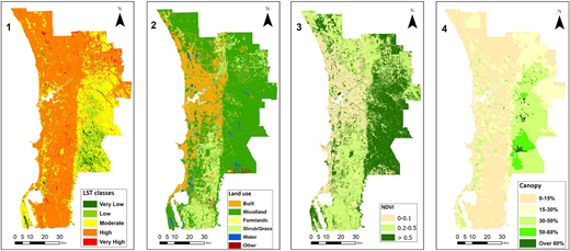 Four maps show L S T classes, land use, N D W I zones, and canopy levels across the same region.