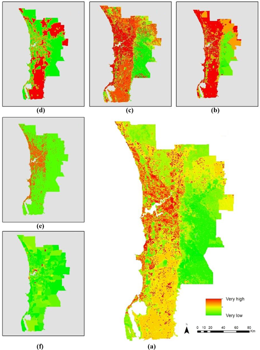 A set of maps shows spatial patterns across several panels, including a central map with surrounding panels displaying different grouped classifications and boundary outlines.