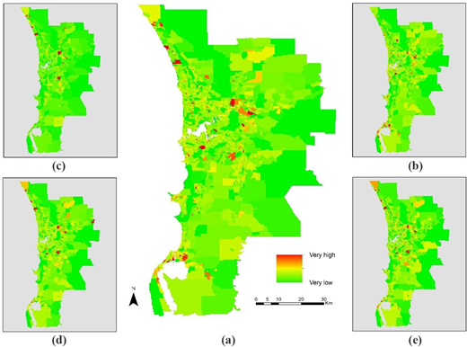 A set of five maps showing spatial variation in risk levels across the same region, with an index scale from very low to very high.