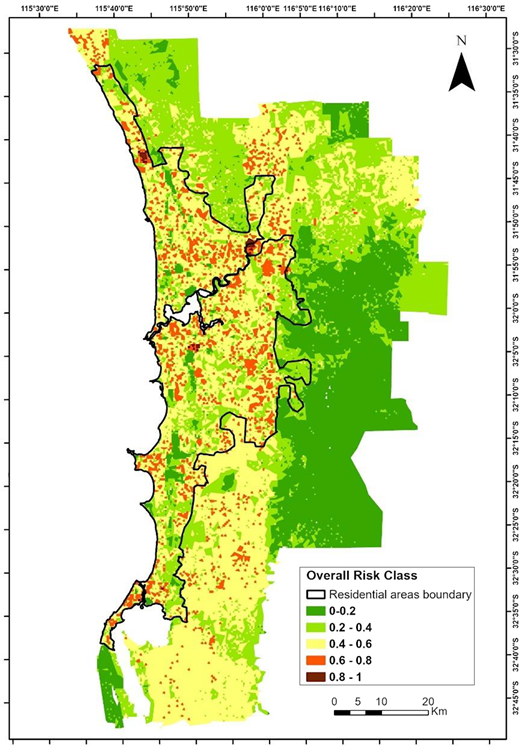 A regional map displaying residential boundaries and overall risk classes based on five labelled index ranges.