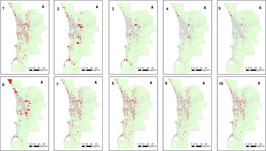 A set of ten maps showing point density patterns across the same region, with each map displaying a different distribution of concentrated and dispersed locations over the same base area.