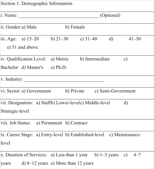 A demographic questionnaire collecting personal and professional information about respondents for a survey study.