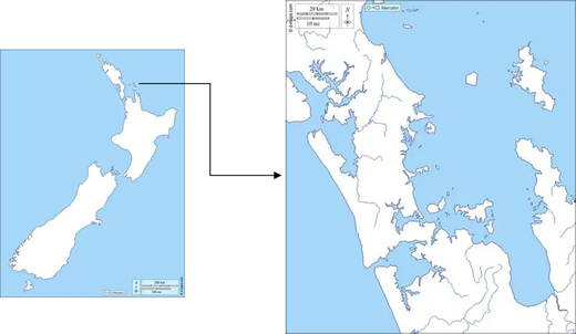 A maps locate Auckland within New Zealand, then enlarge the region with detailed coastlines and islands, using scales of 200 kilometres and 20 kilometres.
