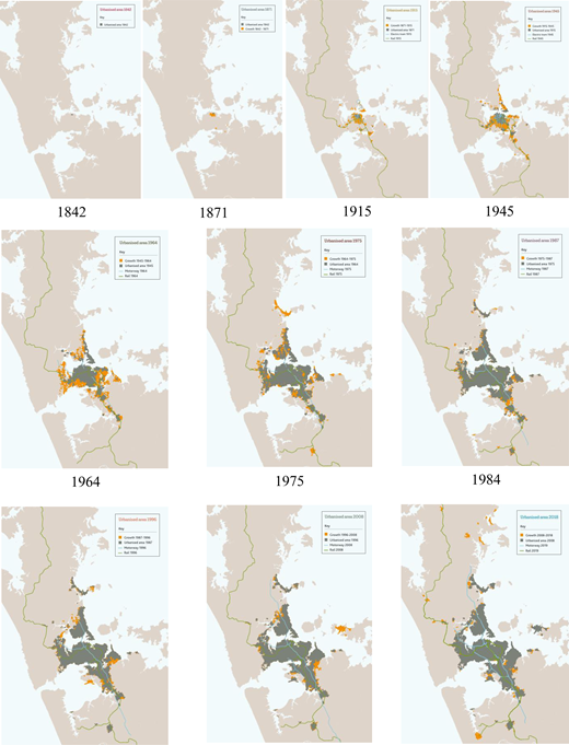 Ten maps trace Auckland’s urban expansion from 1842 to 2018, alongside the development of motorway and rail networks.