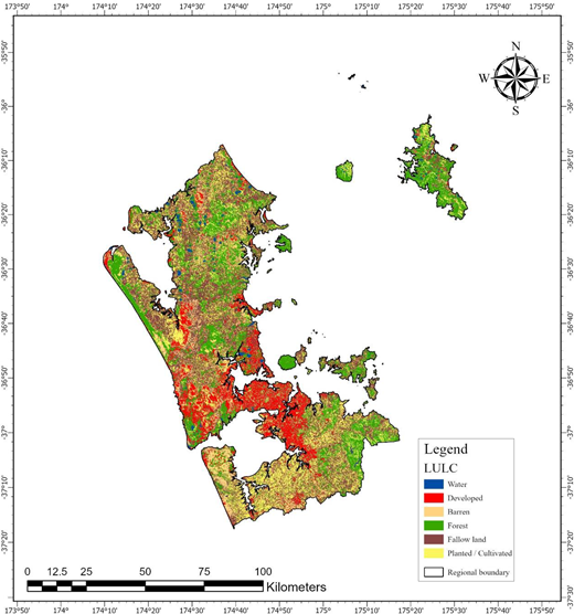A land use and land cover map classifies the Auckland region into water, developed, barren, forest, fallow, and planted or cultivated areas.