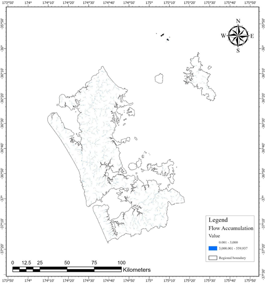 A flow accumulation map of the Auckland region classifies drainage accumulation within the regional boundary and includes a 100 kilometre scale.