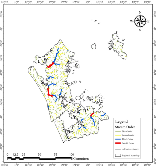 A stream order map of the Auckland region classifies drainage channels from first-order to fourth-order within the regional boundary.