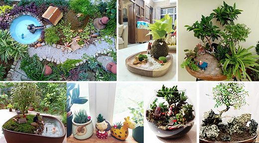 A collage of miniature gardening displays featuring various plants, decorative elements, and small figurines, showcasing diverse terrarium designs and arrangements.