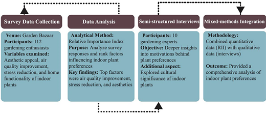 A flowchart detailing a research project on indoor plants, showing Survey Data Collection, Data Analysis, Semi-structured Interviews, and Mixed-methods Integration with participant details and key findings.