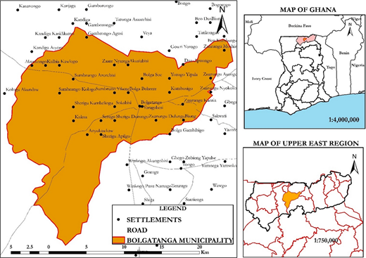 Three maps locate Bolgatanga Municipality within Ghana and the Upper East Region, with settlements, roads, boundaries, scales, and north arrows.