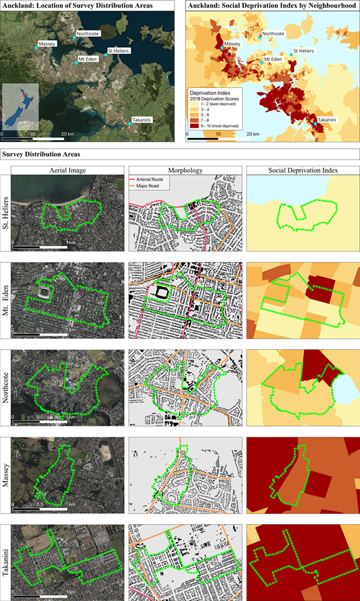 A set of maps showing Auckland survey distribution areas and neighbourhood social deprivation, with detailed aerial, morphology and index views for five suburbs.