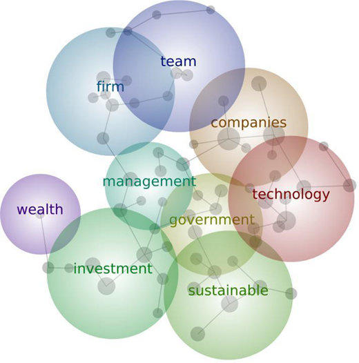 A clustered diagram features overlapping circles labeled with terms like team, management, investment, and technology, connected by lines to illustrate their relationships.