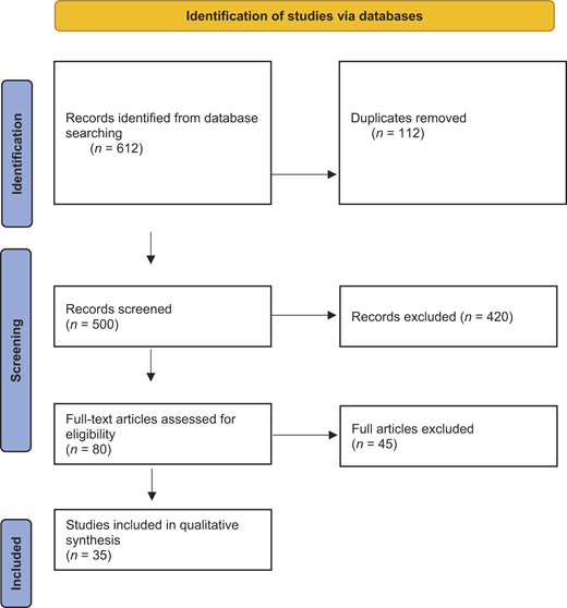 A P R I S M A-style flow diagram tracks 612 database records through duplicate removal, screening and eligibility assessment to 35 studies included in qualitative synthesis.