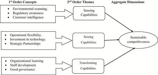 A framework diagram links first-order concepts to sensing, seizing, and transforming capabilities for sustainable competitiveness.