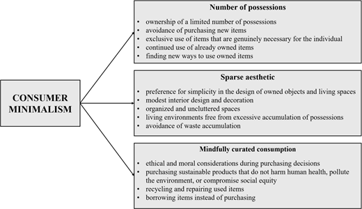 A Conceptual diagram presents consumer minimalism through number of possessions, sparse aesthetic and mindfully curated consumption.