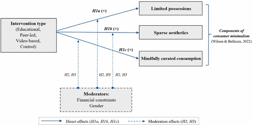 A Conceptual model links intervention type to three consumer minimalism components, with financial constraints and gender as moderators.