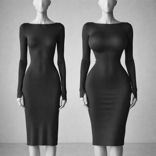 A comparison photo shows two faceless mannequins wearing fitted long-sleeve, knee-length dresses, with the right dress showing a fuller bust, waist and hip shape.