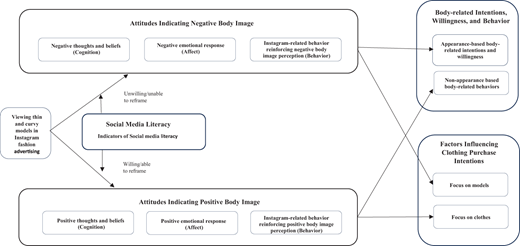 A body image framework links viewing Instagram fashion models to positive or negative attitudes, social media literacy, behaviours and purchase intentions.
